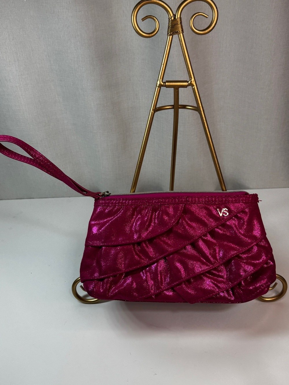 Victoria's Secret Fuchsia Small Satin Glittery Wristlet  Zip Gold Hardware Logo